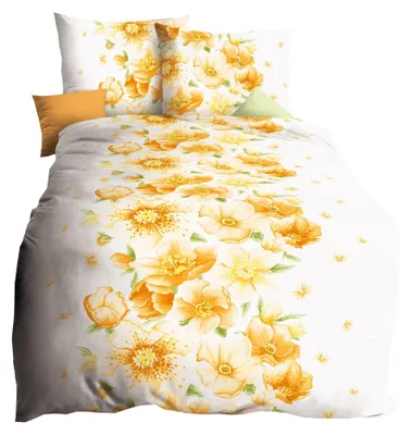 Produktbild von Kaeppel Edel Seersucker 2 tlg. Bettwäsche Tiffany Mandarine Orange Grün Weiß Blüten, Größe:155x220cm Bettwäsche