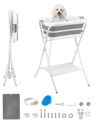 Produktbild von Hundebadewanne für kleine Hunde und Katzen - Erhöhte faltbare Haustierbadewanne - 28 l Volumen - Mit Metallgestell - Mit Abfluss und Ablage - Bis 8 kg - Grau Weiß