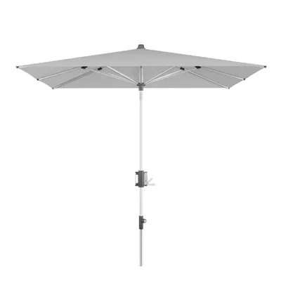 A light grey rectangular balcony umbrella is shown against a white background.