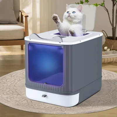 Produktbild von Katzentoilette mit UV-Schutz Katzenklo Groß mit ausziehbarer Schale Schaufel 34.5x44.5x36.5cm grau Weiß