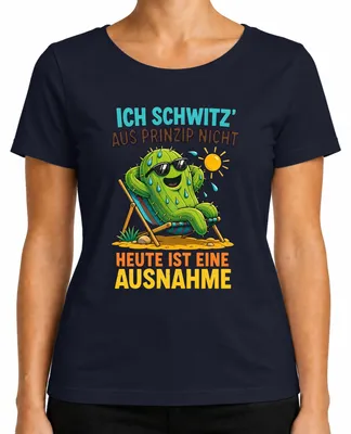 Imagen del producto de "Ich schwitze aus Prinzip" es una camiseta sarcástica para mujer, de color azul marino, talla M