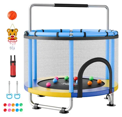 Produktbild von SucceBuy Mini-Trampolin für Kinder mit Haltegriff, Sicherheitsnetz und Zubehör, Blau, 150 cm Outdoor-Trampolin mit Basketballkorb, Ball und Sandsack – ideales Geschenk für Weihnachten oder Geburtstag