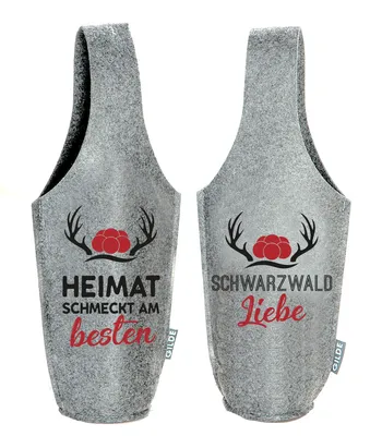 Immagine prodotto di Gilde Flaschentasche, Flasche, "Schwarzwald", Bollenhutmotiv, Hirschmotiv, Spruch, Filz, hellgrau, L. 11 cm, B. 16 cm, H. 36 cm 44417 4063387444177 2 Stück (2-fach sortiert)