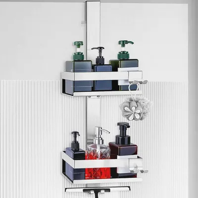 Produktbild von Duschablage zum Hängen, Duschregal aus Edelstahl, SUS304 Duschregals zum Hängen, Duschregal mit Haken, Duschablage ohne Bohren, Shampoo Halterung für Dusche Rahmenlos Glastür, Silber