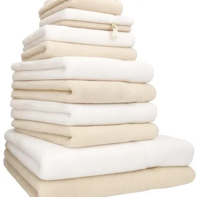Produktbild von Betz 12-tlg. Handtuch-Set PREMIUM 2 Duschtücher 4 Handtücher 2 Gästetücher 2 Seiftücher 2 Waschhandschuhe  Farbe: weiss / sand