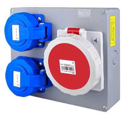 Produktbild von Steckdosenverteiler 2x Schuko 230V + CEE 16A 5-polig, Stromverteiler IP67 Wasserdicht, Außensteckdose mit Abdeckung, Baustromverteiler für Indoor/Out