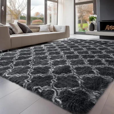 Image de Tapis à poils longs gris, 200x300 cm, lavable, antidérapant, moelleux, design moderne