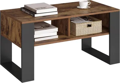 A modern coffee table with a vintage wood look and two open compartments, presented against a white background.