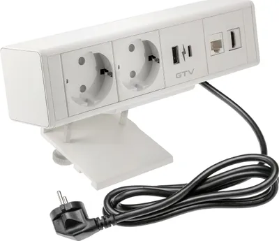 Produktbild von GTV - Möbelsteckdose BAR, Mehrfachsteckdosen, 2X Schuko Steckdose, 1x USB A, 1x USB C, 1x RJ45 1x HDMI, Kabellänge 1,5m, Farbe Weiß, für Schreibtische, Tischplatte, Küchen und Büro