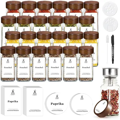 Immagine prodotto di Set di 24 contenitori per spezie, quadrati, da 120 ml, in vetro borosilicato, con coperchi in legno di acacia ed etichette