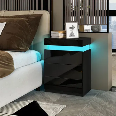 Produktbild von 2x LED Nachttisch,Schwarz Front Hochglanz Nachtschrank,Nachtkommode mit 3 Schubladen & Oben Flip-Cover Staufach,Wohnzimmer Schlafzimmer Möbel 45x35x61