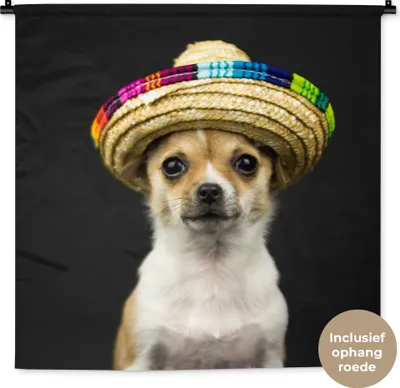 Produktbild von MuchoWow® Wandteppich Wandbehang Hund - Sombrero - Schwarz 90x90 cm Tapisserie Dekoration Wandtuch - Wandaufhänger
