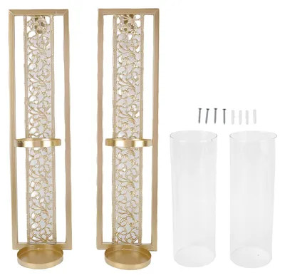 Produktbild von 2 Stück Wandkerzenhalter Vintage ausgehöhlte Metallkunst mit Glasabdeckung für Heimdekoration Gold