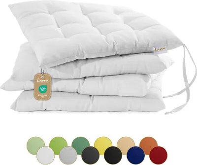 Produktbild von Lavea® Sitzkissen 40x40 cm, 4er Set, Weiß - mit Stoffbändern, Outdoor & Indoor, waschbare Stuhlkissen für Garten, Balkon, Terrasse & Esszimmer