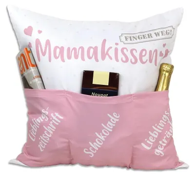 Produktbild von KAMACA Mamakissen Dekokissen mit Füllung Geschenk für Mama Frauen Freundinnen 43x43 cm Kuschelkissen mit 3 Taschen und Spruch für Sofa Couch Muttertag Mädelsabend und mehr (Mamakissen)