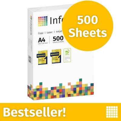 Zdjęcie produktu dla NOWOŚĆ: Infowerk Papier do drukarek i kopiarek, 500 arkuszy, 1 x 500, A4, Premium, ekstra biały, CIE 160, Zwycięzca testów, Certyfikat PEFC