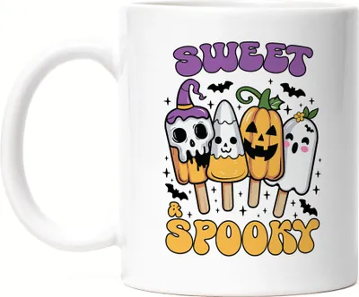 Produktbild von Sweet & Spooky Tasse Weiß Halloween Geschenkidee Süßigkeiten Kürbis Geister