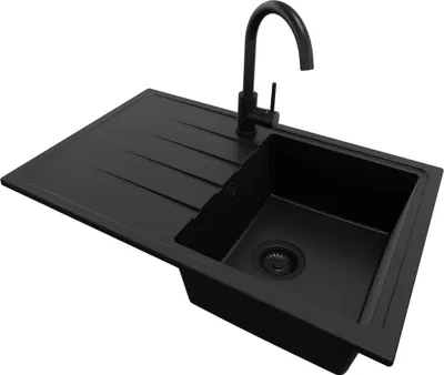 Produktbild von PRIMAGRAN Granitspüle Alles Schwarz 78x50cm, Spülbecken 1 Becken + Küchenarmatur 32x20cm + Ablauf-Set, Küchenspüle ab 45er Unterschrank - Mailand