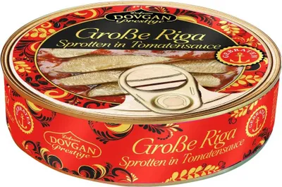 Produktbild von DOVGAN Prestige Große Riga Sprotten in Tomatensauce 240g