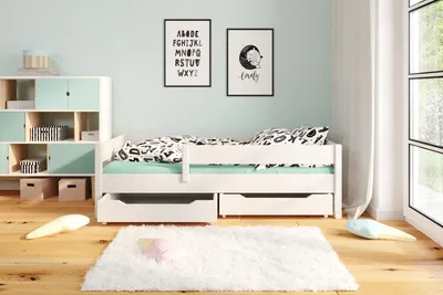 Produktbild von Kinderbett 180x90 Kinderbett mit Rausfallschutz & Lattenrost weiß 80 x 180 für Mädchen und Jungen Massivholz Kiefer und MDF Möbelplatte, ohne Matratze, mit Schubladen