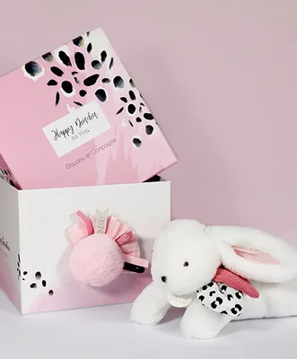 Zdjęcie produktu dla Zestaw upominkowy Doudou - Pluszowy królik z różowym pomponem 25 cm