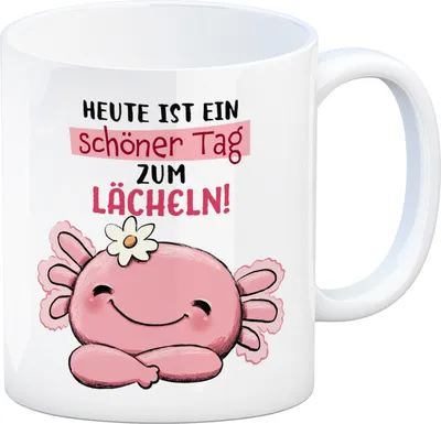 Produktbild von Axolotl Kaffeebecher mit Spruch Heute ist ein schöner Tag zum Lächeln