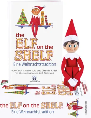 A book and a doll of 'The Elf on the Shelf' are displayed together.