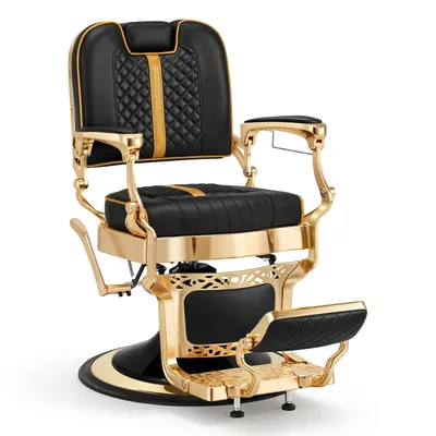 Produktbild von Stuhl mit Kopfstütze Kippbar, Friseureinrichtung mit Hydraulikpumpe 360° Drehbar, Höhenverstellbarer Bedienungsstuhl 2965 (Gold-Schwarz)