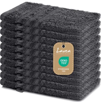 Produktbild von Lavea® 10er Set Waschhandschuh 15x21 cm – Saugstark Weich aus 100% Baumwolle, Frottierserie Elena – Waschbar und Strapazierfähig – Anthrazit