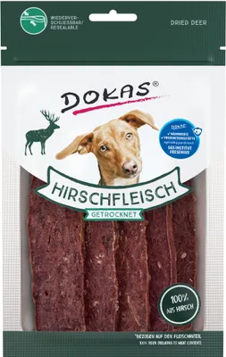 Produktbild von Dokas Hirschstreifen getrocknet, Snacks, Hund, Adult, Wildfleisch, 60 g