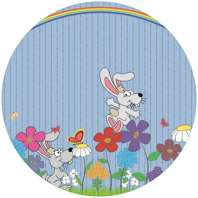Produktbild von Wallario Premium Glasbild, freischwebende Optik, kräftige Farben, rund 50cm Durchmesser, Motiv Süße Hasen unter einem Regenbogen