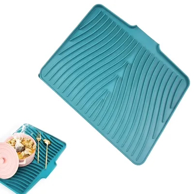 Produktbild von Silikon Abtropfmatte für Küchentheke, rutschfest, mit Abfluss und hitzebeständigem Material, ideal zum Trocknen. (40 x 33 cm, Blau)