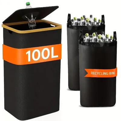 Image de 100L Flacons de réserve avec couvercle, Incluant 2 poches intérieures, Pour cuisine/bureau/extérieur, Collecteur de bouteilles vide