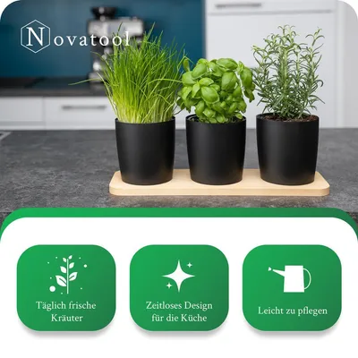 Obrázok produktu pre Novaliv Štýlová bylinná stanica sada 9 ks s dreveným podstavcom - kvetináč na bylinky na každý parapet, na čerstvé bylinky do kuchyne, bylinková záhradka do kuchyne, izbový bylinkový záhon, kvetináč, kvetináč