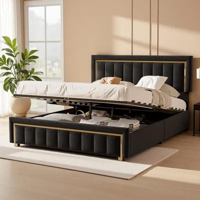 Produktbild von INONEFT Polsterbett 140x200 mit Stauraum, Doppelbett mit Hydraulisches Bettkasten und Verstellbares Kopfteil, Jugendbett, Samt, ohne Matratze, Schwarz