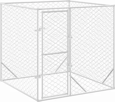 A silver metal dog kennel with a door.