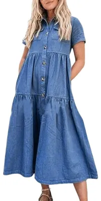Produktbild von Elzusha - Langes Jeanskleid für Damen mit Taschen, elegantes Freizeitkleid
