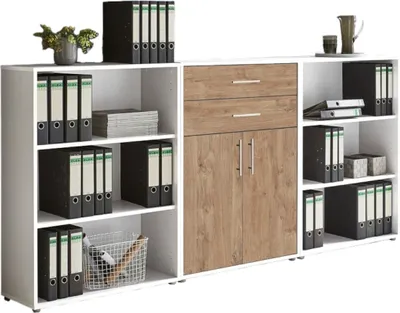 Produktbild von Aktenschrank TABOR 14 in weiß / Gold Harbor Oak, Schrankwand, Büroschrank, Metallgriffe