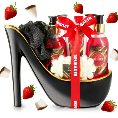 Produktbild von BRUBAKER Luxus Erdbeer und Kokosmilch Beautyset - 5 tlg. Bade Geschenkset in Stiletto schwarz