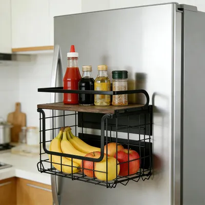 Produktbild von Hängekorb Küche mit Holz Deckel,Stapelbar Obstkorb Hängend Drahtkorb für Arbeitsplatte oder Wandmontage,Wand Aufbewahrungskörbe für Gemüse, Obst, Brot