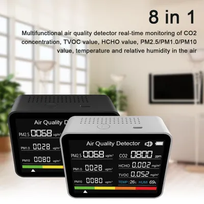 Obrázek produktu pro Monitor kvality vzduchu 8 v 1, měřič CO2, detektor oxidu uhličitého, TVOC, HCHO, PM2,5, PM1,0, PM10, měření teploty a vlhkosti vzduchu s alarmem pro domácnost, kancelář a auto