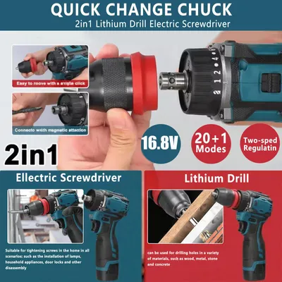 Obrázok produktu pre Akumulátorová vŕtačka/skrutkovač 2 v 1 – bezdrôtová – bezuhlíkový motor – krútiaci moment 55 Nm – 16,8 V – 2 batérie – modrá