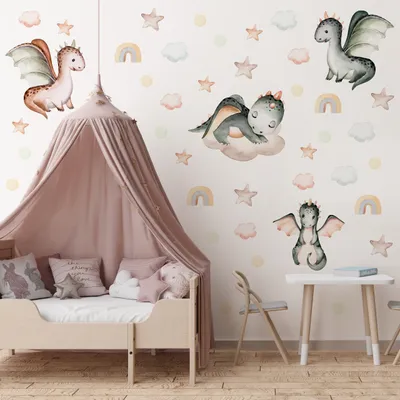 Produktbild von Muralo Wandtattoo Wandsticker für Kinder DRACHEN Wolken Sterne Regenbögen Aufkleber Br. 60cm x Hö. 30cm