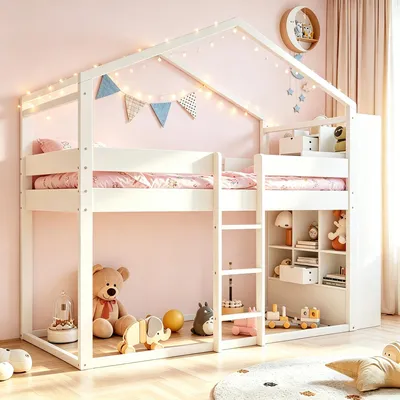 Image de Lit superposé Flieks 90 x 200 cm avec tiroirs et compartiment de rangement, lit enfant en forme de maison avec échelle, lit mezzanine simple avec barrière de sécurité, lit superposé blanc
