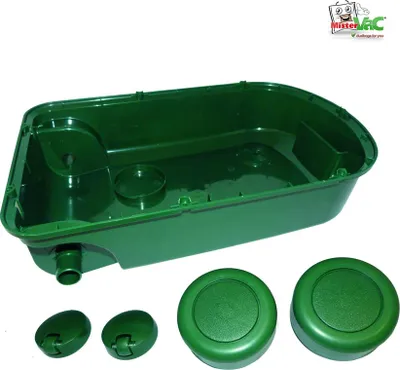 A green plastic filter housing and three circular caps are displayed against a white background.