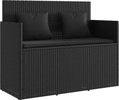A black poly rattan garden bench with black cushions and pillows, shown from a front-side angle against a white background.