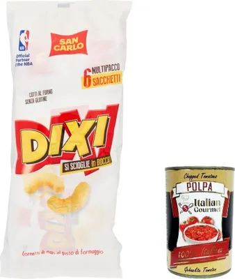 Produktbild von 12x San Carlo Dixi Multipack Maischips Käse gebackene Chips Maiscroissants mit Käsegeschmack salziger Snack ( 6 x 22g ) 132g + Italian Gourmet polpa 400g