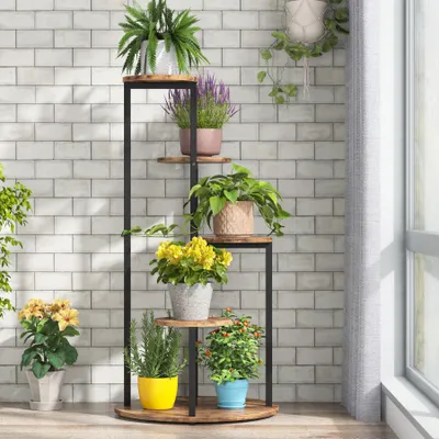 Image de Tribesigns Support pour plantes d'intérieur, 5 étages, 103 cm, support d'angle pour pots de fleurs Support d'étagère en bois pour plusieurs plantes en pot, brun
