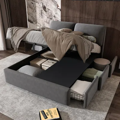 Image de Lit tapissé, 140 x 190, sommier hydraulique, trois tiroirs, sommier à lattes avec tête de lit, sans matelas, velours,gris