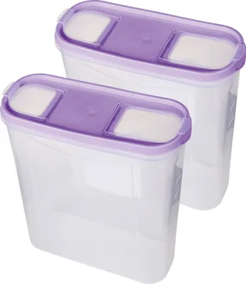 Two clear plastic food storage containers with purple lids are shown against a white background.